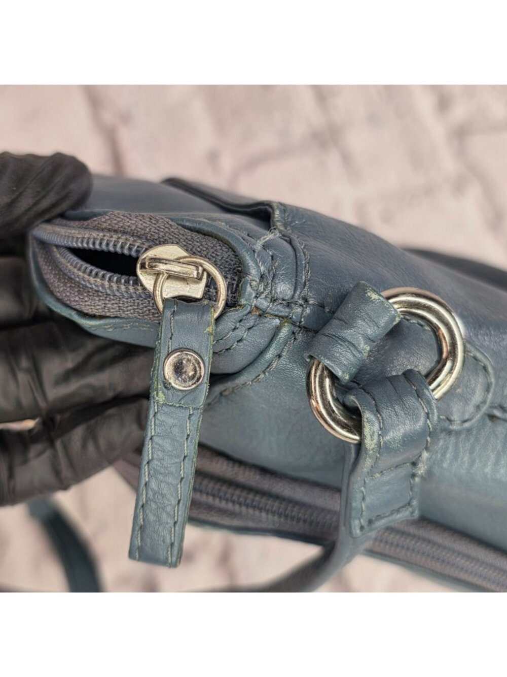 Great American Leather Works Crossbody Bag Blue Gray Multi Pocket Leather Purse - Picture 16 of 16
